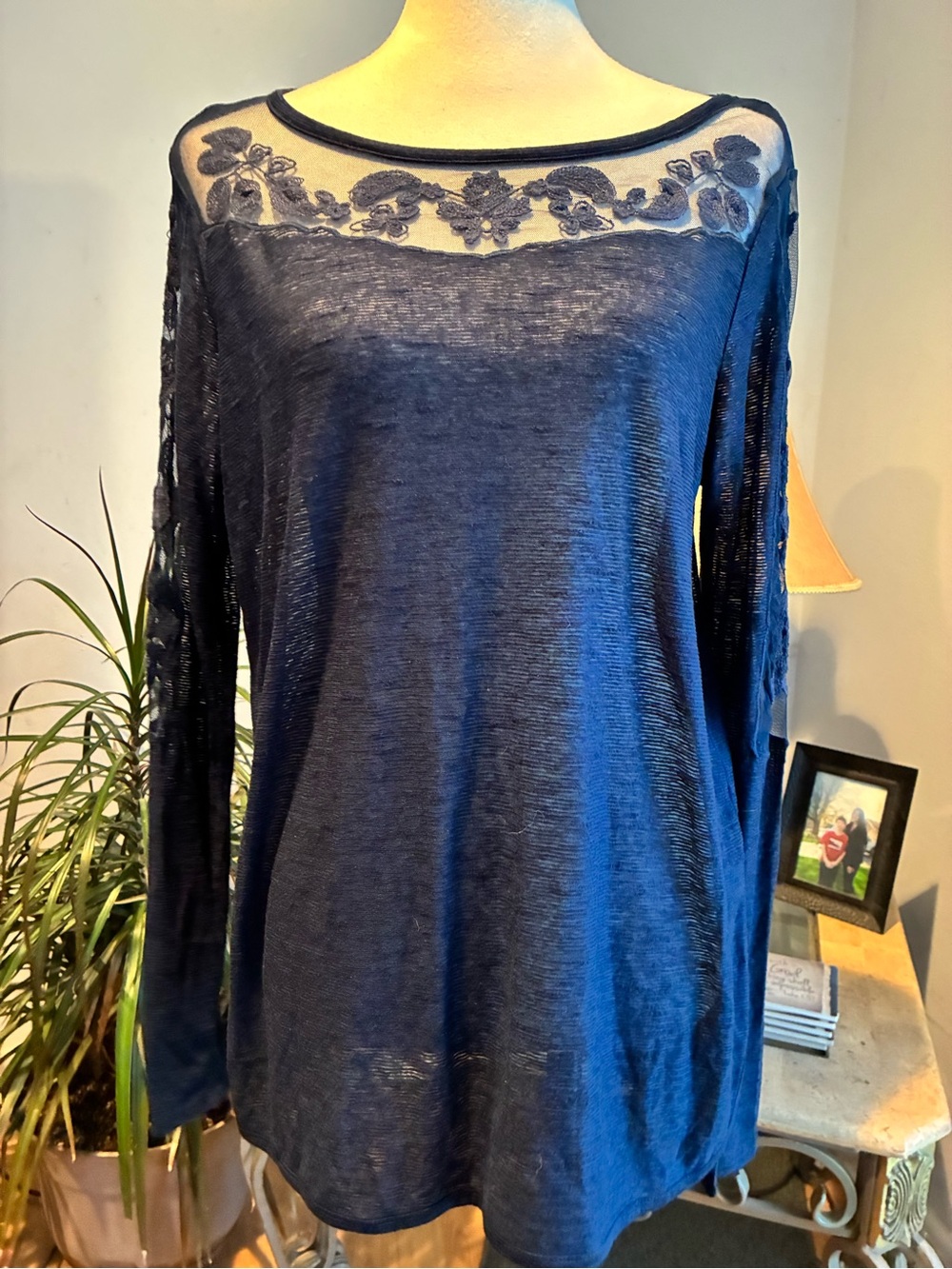 New Romantics Free People Gigi Burnout Navy Top with Lace Insets Size L